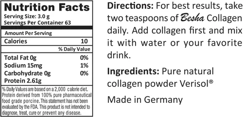 Miniatura 5 de BESHA INC Péptidos bioactivos de colágeno Verisol (colágeno natural en polvo) fabricados en Alemania - 2 meses de suministro