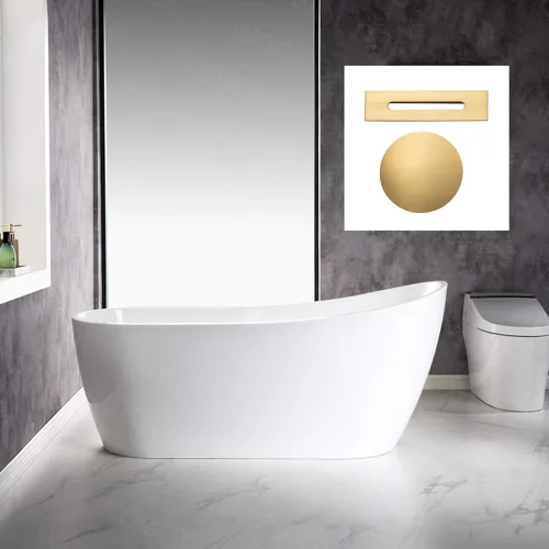 WOODBRIDGE Bañera de remojo acílica blanca independiente de 67 pulgadas con almohada blanca, drenaje y desbordamiento en oro cepillado, BTA1508