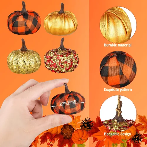 Miniatura 4 de Sotiff 12 adornos para árbol de Acción de Gracias, adornos colgantes de calabaza, bolas de espuma con purpurina, envueltas en tela, pequeñas