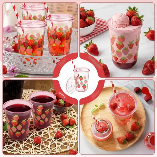 Miniatura 4 de LemonRoad Juego de 50 vasos de plástico transparente de cereza con tapas y pajitas, vasos de fiesta de 16 onzas rosadas para café helado, batidos