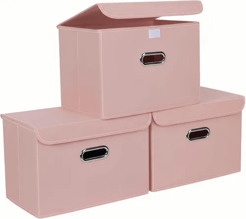 Miniatura 26 de STOREONE Contenedores de Almacenamiento de Tela en Forma de Cubo Plegables, Organizador Contenedor Cesta Plegable con Tapas y Asas de Metal