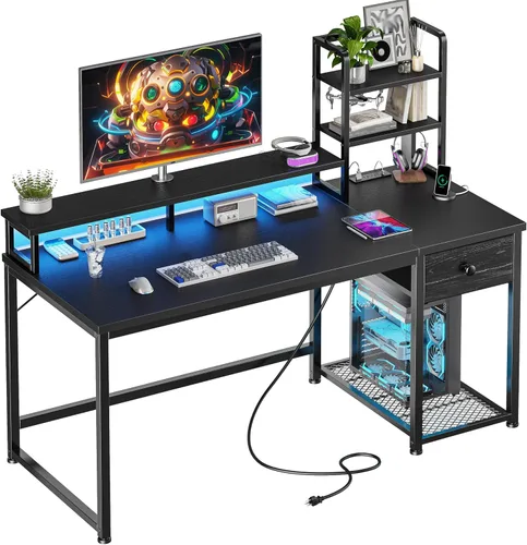 Escritorio para juegos de 44 pulgadas con gabinete y cajones, escritorio reversible para computadora con estante para monitor, escritorios de