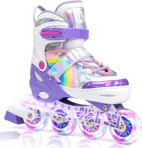 SULIFEEL Patines en línea de unicornio arcoíris para niñas y niños, 4 tamaños, ajustables, con ruedas iluminadas, para niños principiantes b púrpura