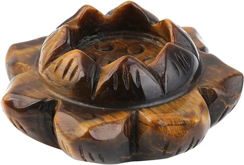mookaitedecor Ojo de tigre tallado piedra preciosa Lotus Flower Statue Crystal Ball Stand/Candelero decorativo Amarillo