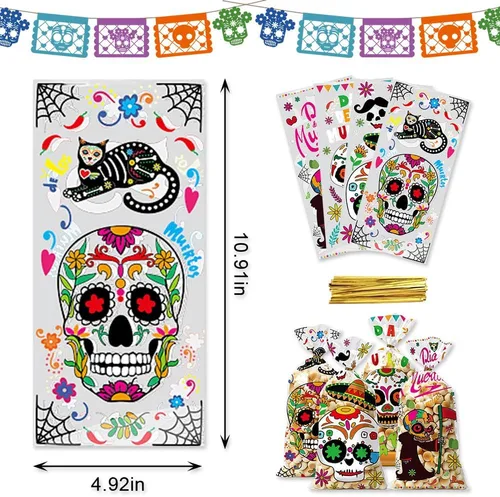 Miniatura 2 de Threetols 100 bolsas de celofán para Halloween, Día de los Muertos, bolsas de celofán para golosinas de celofán, calavera de azúcar, flores, bolsas