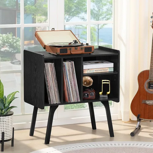 Miniatura 2 de LELELINKY Soporte para tocadiscos, mesa de almacenamiento de discos de vinilo con 4 gabinetes de hasta 120 álbumes, soporte para tocadiscos de Negro
