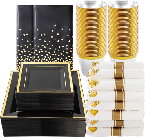 Goodluck Juego de vajilla negra de 352 piezas para 50 invitados, platos de plástico cuadrados negros con borde dorado, incluye: 100 platos de