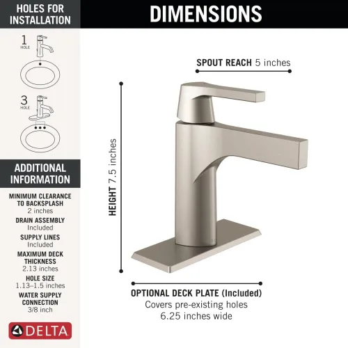 Miniatura 2 de Delta Faucet Zura Grifo de baño de un solo orificio níquel cepillado, grifo de baño de una sola manija, tecnología de sello de diamante, ensamblaje