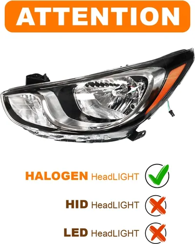 Miniatura 6 de Para 2012 2013 2014 Hyundai Accent (8 pines) Conjunto de faros halógenos izquierdo lado del conductor carcasa negra lente transparente sin DRL