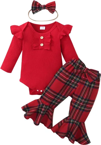 Miniatura 23 de Kuriozud Conjunto de mameluco con volantes para bebé recién nacida, con volantes, lindo conjunto de pantalones acampanados con diadema