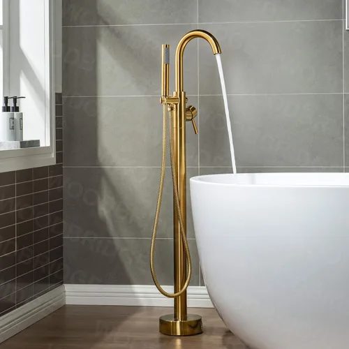 Miniatura 8 de WOODBRIDGE Grifo de llenado de bañera independiente contemporáneo de una sola manija con ducha de mano en acabado dorado cepillado, F0007BGRD