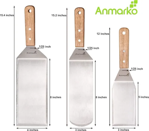 Miniatura 3 de Juego de espátulas de metal para hamburguesas de acero inoxidable, espátula para parrilla de barbacoa, parte superior plana Juego de mango de madera