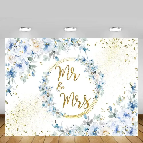 Miniatura 5 de MEHOFOND Telón de fondo floral azul de 7 x 5 pies para decoración de fiesta de compromiso para parejas, bodas, puntos dorados con purpurina, fondo