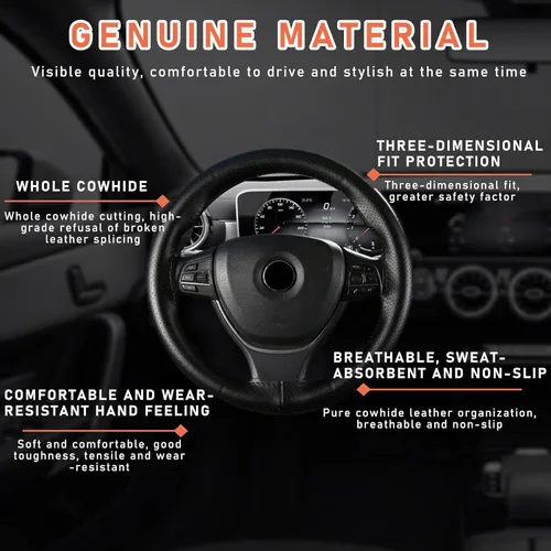 Miniatura 3 de Dickno Funda para volante de automóvil, protector de volante antideslizante con costura envolvente para diámetro máximo de 15 pulgadas, costura DIY