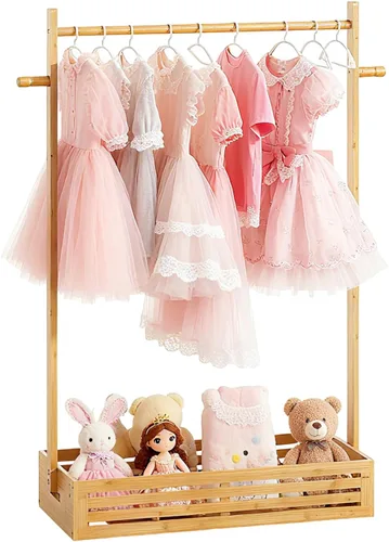 Miniatura 10 de BAMBOOHOMIE Perchero para Ropa de Bebé para Niños Pequeños, Perchero para Ropa de Mascotas con Caja de Almacenamiento y Barra Colgante Ajustable