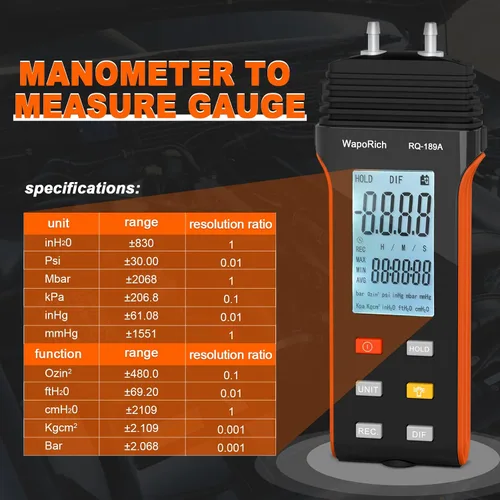 Miniatura 3 de Medidor de presión de gas Manometer HVAC, medidor de presión de aire manómetro de doble puerto WapoRich ±13.79Kpa/2.000Psi ±0.3% con 11