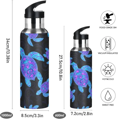 Miniatura 2 de Insulated Water Bottle 20 Oz, Leakproof Water Bottles for Gym Outdoor Travel School, Neon Sea Turtles Black