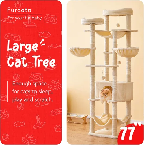 Miniatura 2 de Árbol para gatos de 77 pulgadas de alto, torre grande de varios niveles para gatos con 4 hamacas, 2 perchas acolchadas, condominio para gatos, Beige