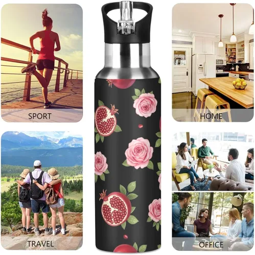 Miniatura 5 de Pink Roses Black Insulated Stainless Steel Water Bottle with Straw 32 Oz Leakproof Water Bottles, BPA-Free Sport Water Bottle
