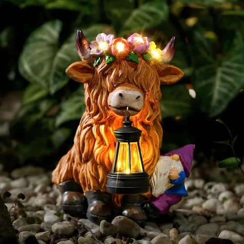 TOLIMI - Farol de jardín con estatuas de resina de vaca de las tierras altas con gnomo, decoración de luz solar para exteriores, decoraciones