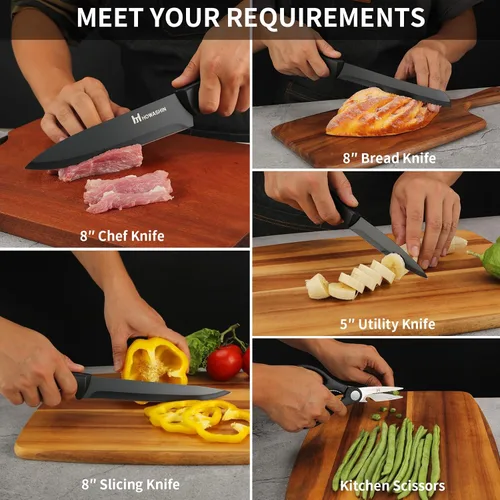 Miniatura 4 de Juego de cuchillos negros con bloque, juego de 6 cuchillos para tijeras de cocina con soporte compacto, cuchillo de chef afilado sin palo, diseño