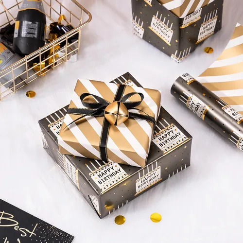 Miniatura 2 de LeZakaa Rollo de papel de regalo reversible de cumpleaños para niños y hombres, letras de feliz cumpleaños, pastel de cumpleaños con lámina metálica