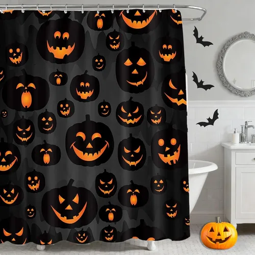 Cortina de ducha de calabaza de Halloween, decoración de baño de Halloween, impermeable, juego de cortina de ducha de calabaza con ganchos, 72 x 72