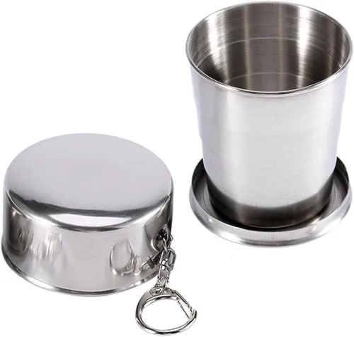 Miniatura 10 de Walfront Taza plegable de acero inoxidable con llavero, vaso de chupito portátil retráctil para camping, senderismo, beber al aire libre