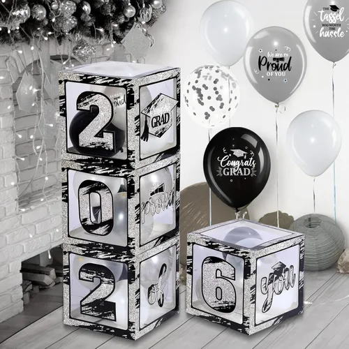 Miniatura 4 de Woanger 44 piezas de decoración de caja de graduación 2026 – Juego de cajas de fiesta de graduación de felicitaciones con cuerdas de luz LED y Negro