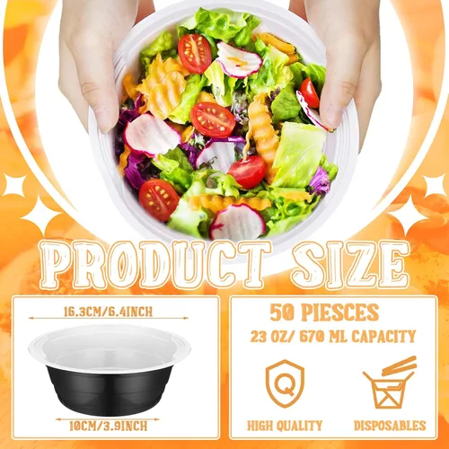 Miniatura 2 de Gejoy 50 cuencos de plástico negros de 23 onzas, desechables pero reutilizables, platos de ensalada y postre para servir el 4 de julio, bodas