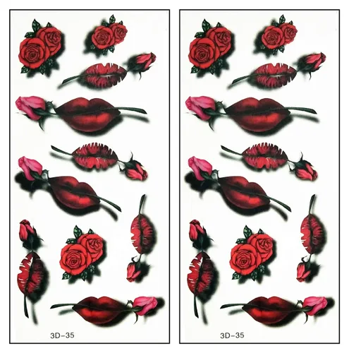 Tatuajes 2 hojas de rosas rojas boca lápiz labial cosmético sexy tatuaje de dibujos animados temporales impermeables tatuajes adhesivos de 11