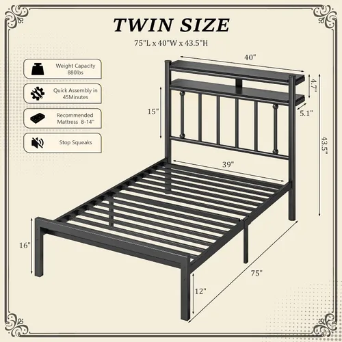 Miniatura 2 de Homkdom Base de cama de metal de tamaño individual con luces LED inteligentes y cabecera de almacenamiento de 2 niveles, base de colchón resistente