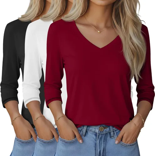Miniatura 17 de Ficerd Paquete de 3 camisetas de manga 3/4 para mujer, cuello en V, blusas holgadas, blusas casuales, ropa de moda 2026