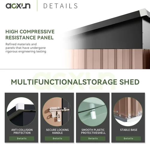 Miniatura 3 de Aoxun Caseta metálica de almacenamiento para exteriores, 4.6 x 2.5 pies, para jardín, para botes de basura, herramientas y bicicletas, color marrón