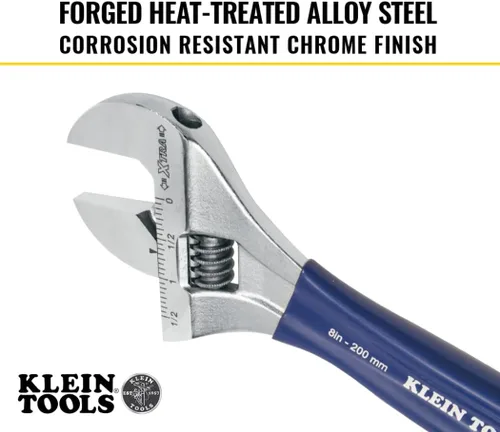 Miniatura 4 de Klein Tools D509-8 Llave ajustable, llave de transmisión forjada de mandíbula extra ancha con acabado cromado pulido, 8 pulgadas