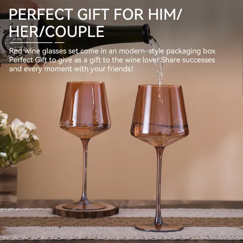 Miniatura 7 de Juego de 6 copas de vino marrón de 18 onzas, color ámbar oscuro, juego de regalo para fiestas, vasos de vidrio soplado a mano marrón para vino tinto