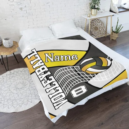 Miniatura 2 de Manta personalizada de voleibol en negro dorado, amarillo y blanco con nombre, manta de forro polar suave para hombres y mujeres, regalo