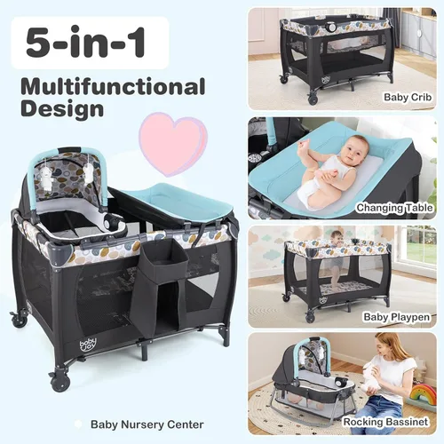 Miniatura 2 de BABY JOY Paquete y juego 5 en 1, corralito portátil para bebé con moisés y cambiador de pañales, cuna central para guardería infantil con juguetes