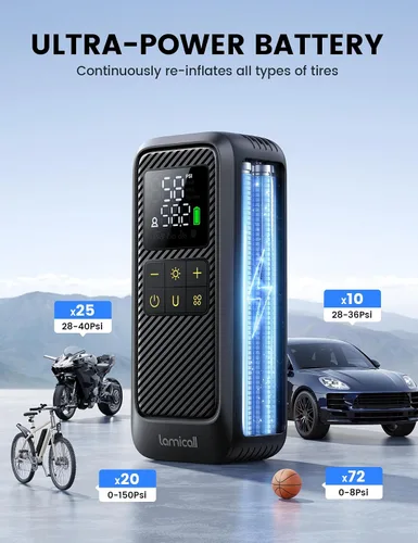 Miniatura 4 de Lamicall Compresor inalámbrico para inflador de neumáticos, batería de alta capacidad de 6000 mAh, bomba de aire eléctrica de 145 PSI con manómetro