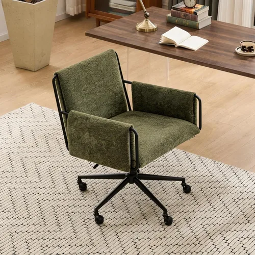 Miniatura 10 de Rowill Silla de oficina moderna, tela beige Boucle, altura ajustable, capacidad de 300 libras, ruedas, reposabrazos, perfecta para oficina en casa