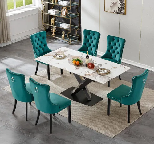 Miniatura 2 de Juego de mesa de comedor de mármol blanco de lujo para 6, 70 pulgadas, mesa de comedor de mármol blanco con 6 sillas de terciopelo verde y base