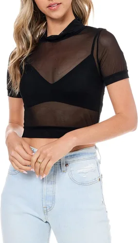 Miniatura 3 de Elodie Top de malla transparente para mujer Camisa de manga corta transparente