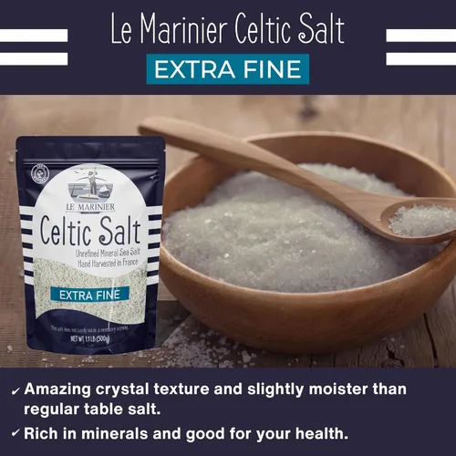 Miniatura 8 de Le Marinier Sal celta orgánica extra fina, 1.1 lb - 18oz. Rica en minerales 100% natural y sin refinar. Sal marina francesa con más de 82 minerales