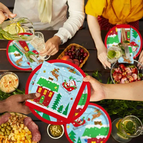 Miniatura 4 de Suministros para fiestas de Navidad – Juego de platos, servilletas y tazas de papel desechables con temática de Papá Noel de Navidad con mantel
