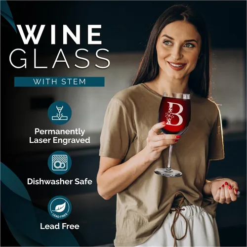 Miniatura 2 de shop4ever Copa de vino con monograma floral con inicial grabada de 16 onzas (B), copa de vino grabada con tallo para mujer, regalo de cumpleaños