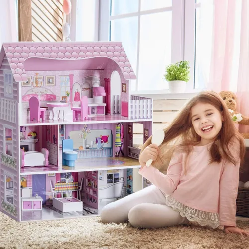 Miniatura 2 de Honey Joy Casa de muñecas de madera de 3 niveles con 8 muebles, casa de muñecas para niños, juego de princesa mini, regalo para niñas pequeñas 2.5