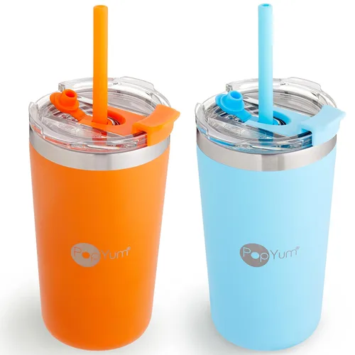 Miniatura 14 de PopYum - Vasos de acero inoxidable para niños, 9 onzas, morado, rosa, paquete de 2 Aislado, aspiradora de doble pared, tapa y pajilla, apilable, a