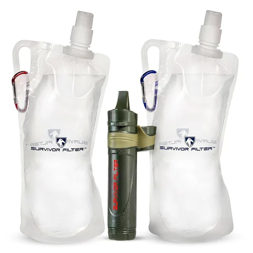 Survivor Filter Squeeze Kit – Filtro de agua de emergencia con 2 botellas plegables de 33.8 onzas líquidas – Probado en Estados Unidos – Filtración
