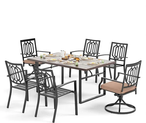 Miniatura 26 de SUNSHINE VALLEY Juego de 7 sillas de comedor para patio, material metálico, 6 sillas de comedor de color teca rectangular con agujero para sombrilla