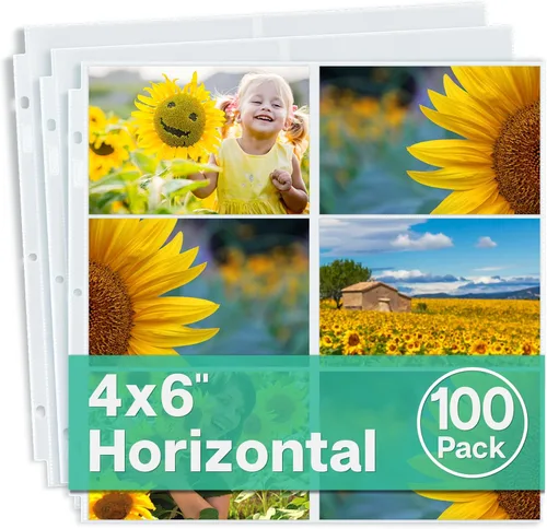 Dunwell Páginas de repuesto para álbum de fotos de 12 x 12 pulgadas (paisaje de 4 x 6, paquete de 100) con capacidad para 1200 fotos de 4 x 6